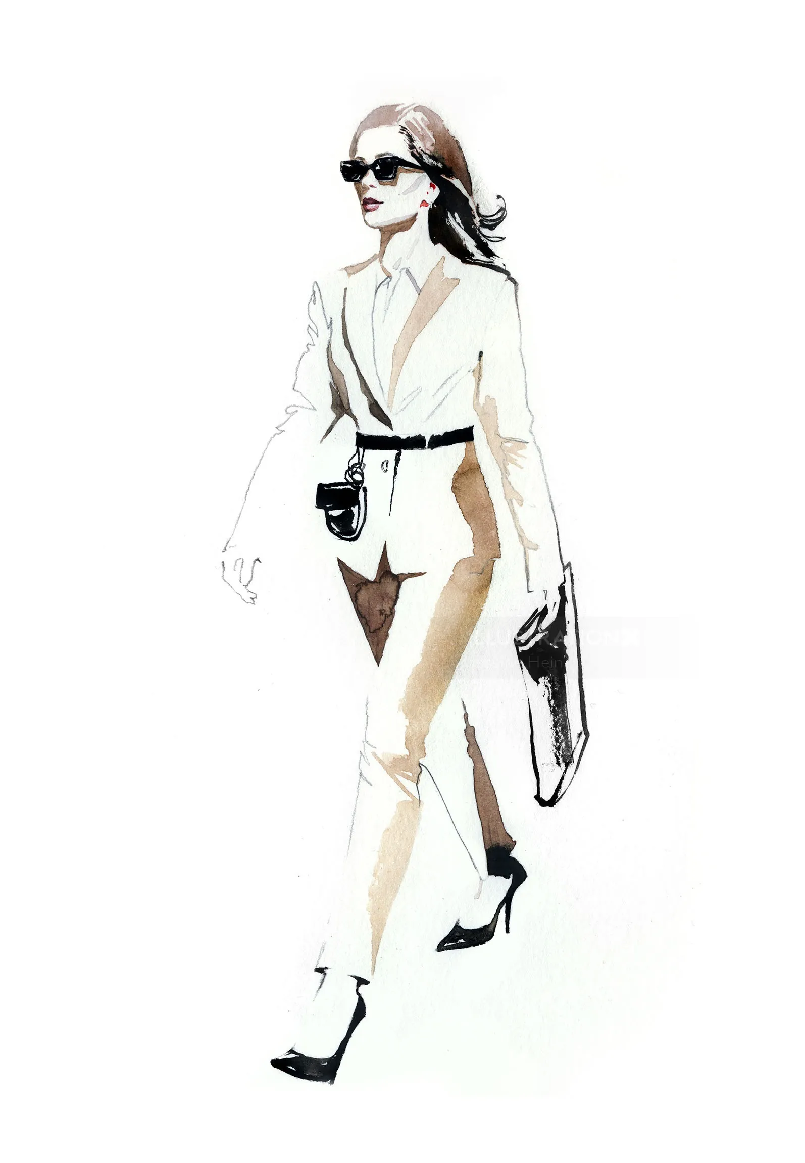 Fashion illustration of a woman in a white suit and sunglasses by Jessine Hein