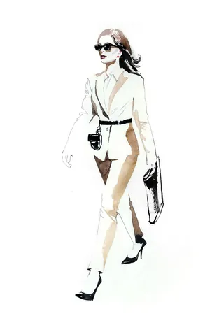 Fashion illustration of a woman in a white suit and sunglasses by Jessine Hein