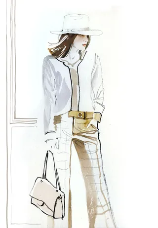 Fashion illustration of a woman in hat and jacket by Jessine Hein