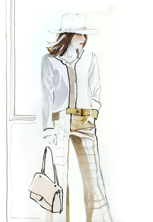 Fashion illustration of a woman in hat and jacket by Jessine Hein