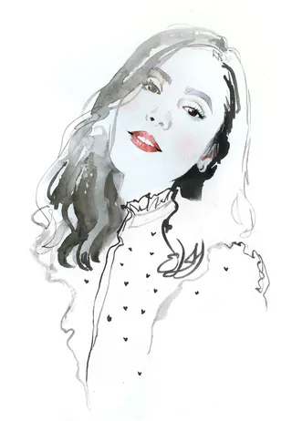 Watercolor portrait of a woman with curly hair and patterned dress by Jessine Hein
