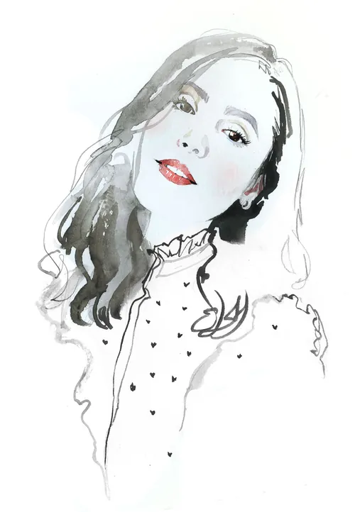 Watercolor portrait of a woman with curly hair and patterned dress by Jessine Hein
