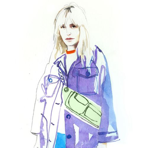 Watercolor portrait of a woman in a purple jacket with a green bag by Jessine Hein