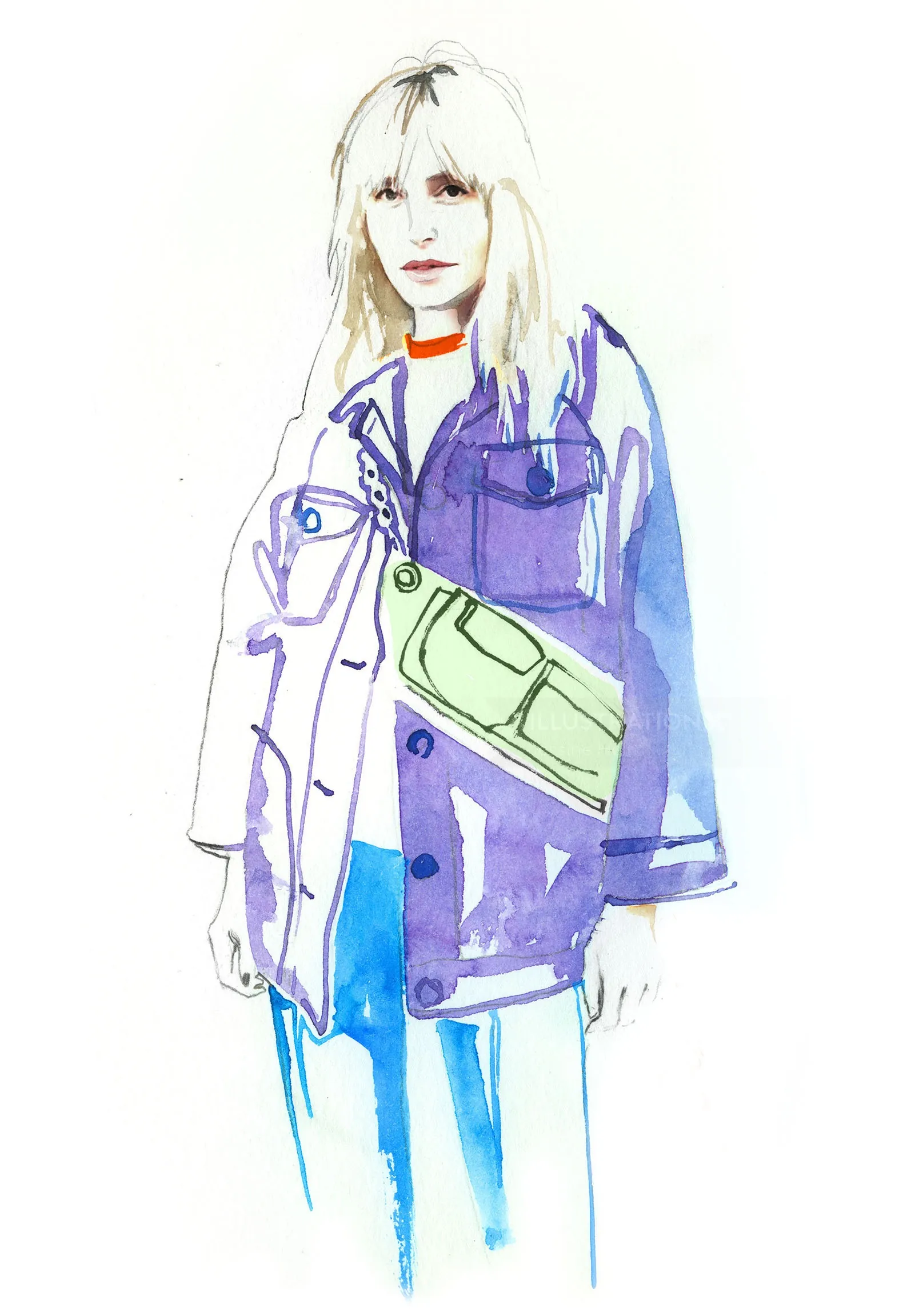 Watercolor portrait of a woman in a purple jacket with a green bag by Jessine Hein