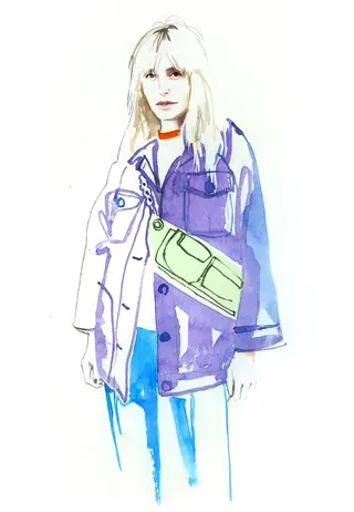 Watercolor portrait of a woman in a purple jacket with a green bag by Jessine Hein
