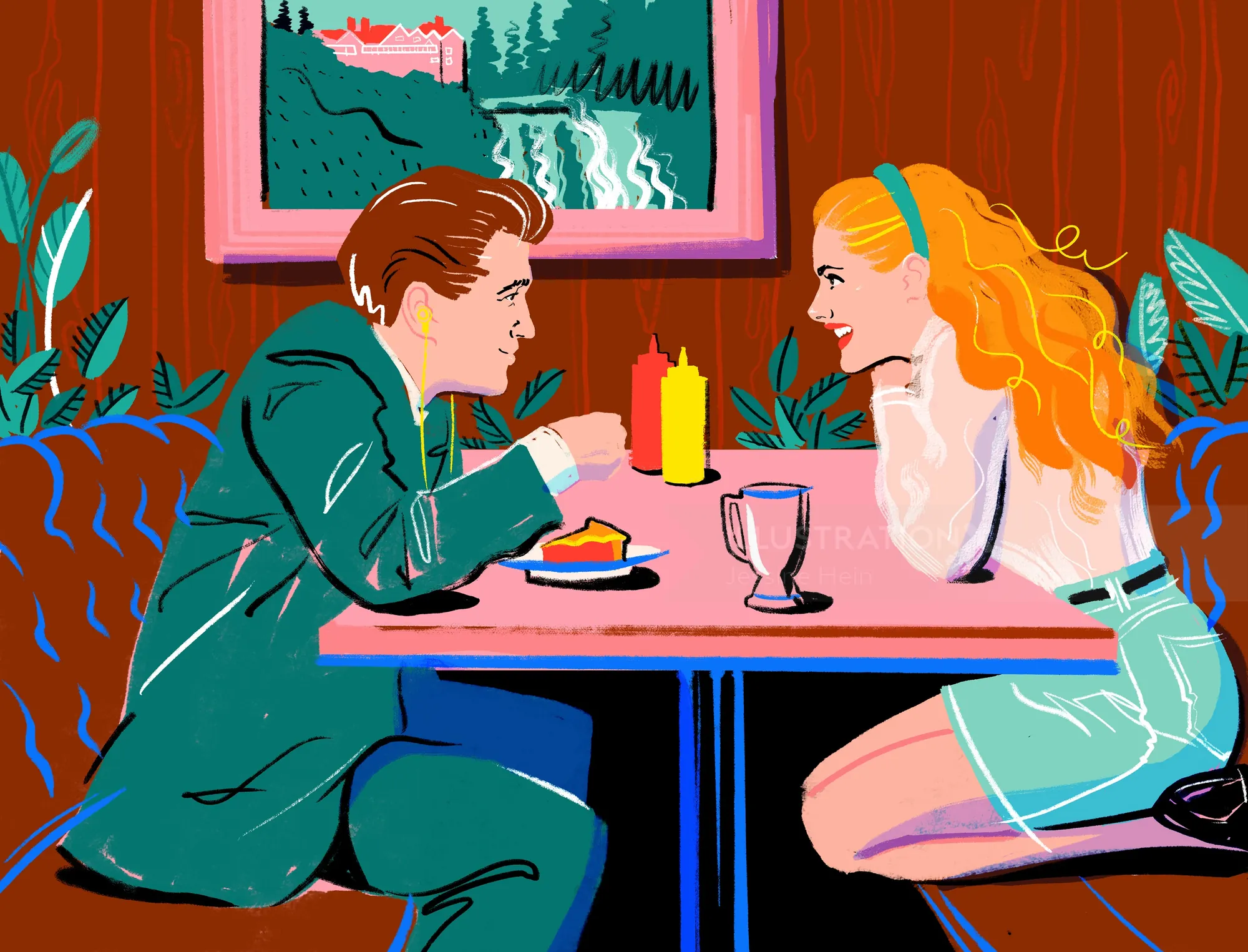 Couple dining at diner booth with ketchup and mustard bottles by Jessine Hein