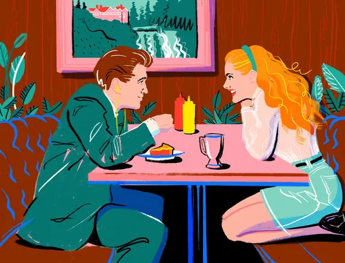 Couple dining at diner booth with ketchup and mustard bottles by Jessine Hein