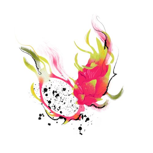Abstract pink and yellow ink splash with black speckles by Jessine Hein