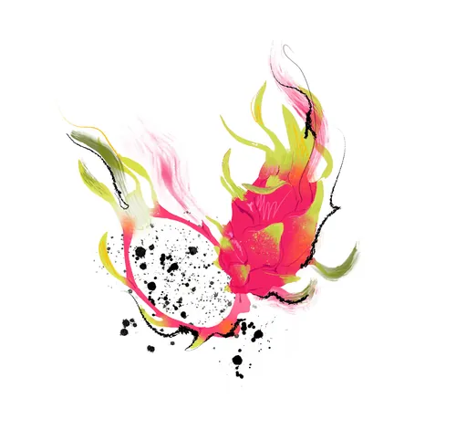 Abstract pink and yellow ink splash with black speckles by Jessine Hein