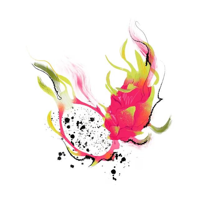 Abstract pink and yellow ink splash with black speckles by Jessine Hein