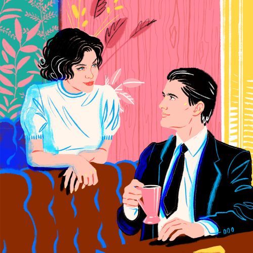 Couple chatting at cafe table with drink and pastry by Jessine Hein