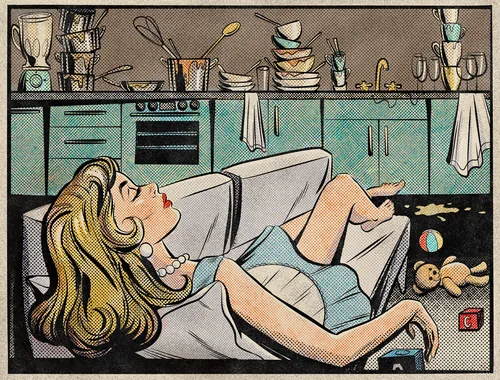 Woman reclining on sofa in messy kitchen interior by Jessine Hein