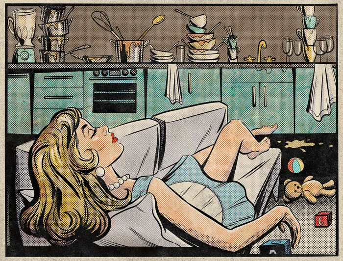 Woman reclining on sofa in messy kitchen interior by Jessine Hein