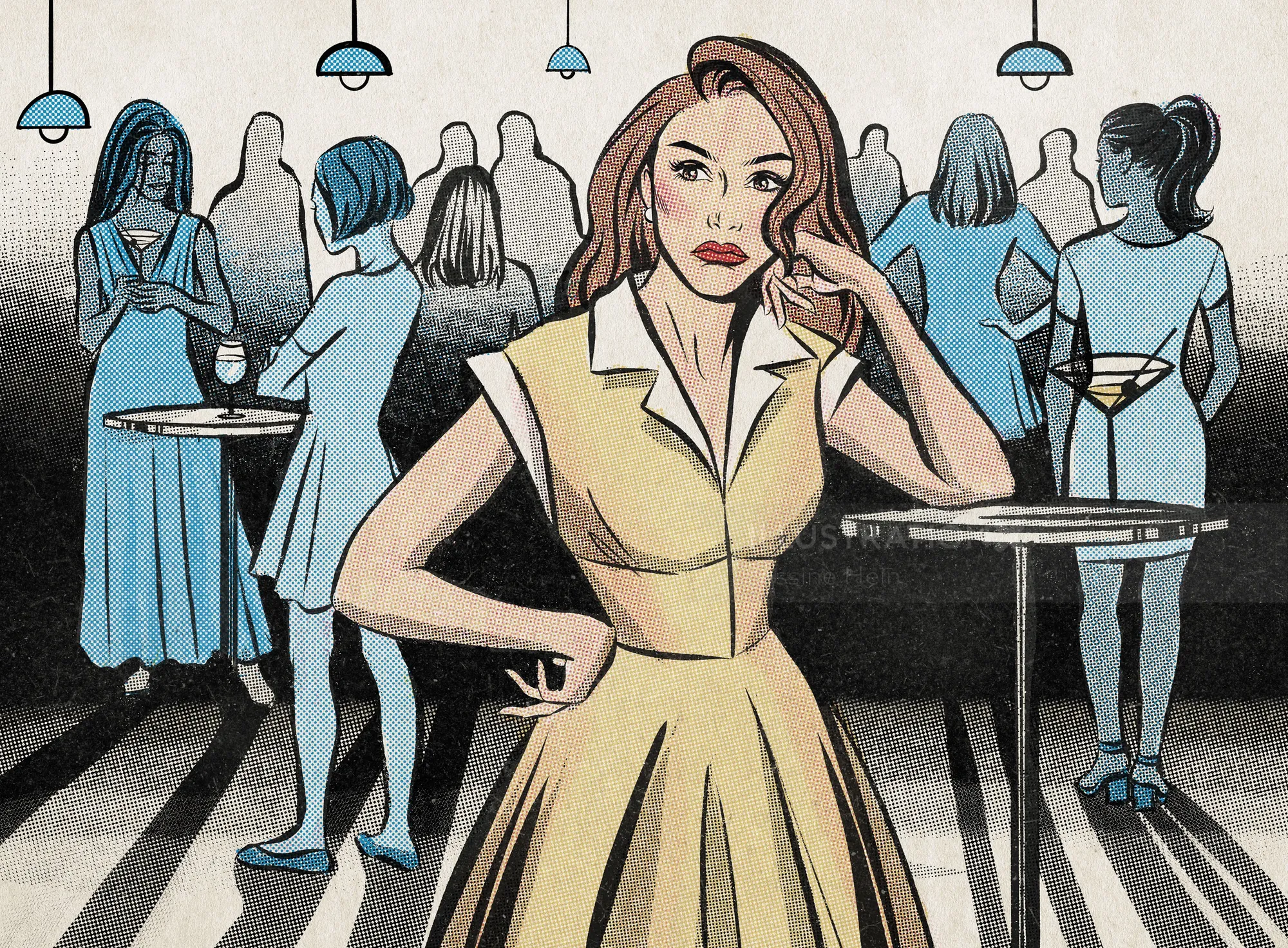 Illustration of woman in yellow dress at party by Jessine Hein
