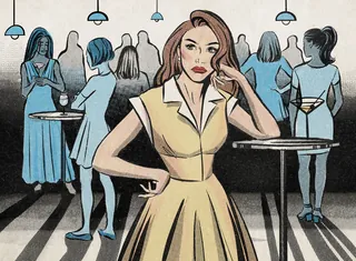 Illustration of woman in yellow dress at party by Jessine Hein