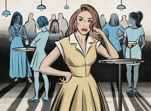 Illustration of woman in yellow dress at party by Jessine Hein