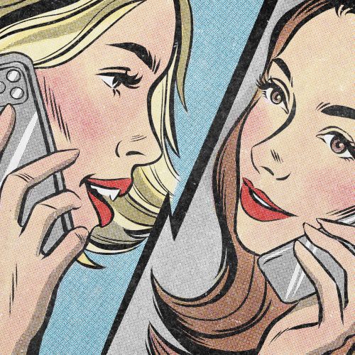 Two women talking on mobile phones, illustrated by Jessine Hein