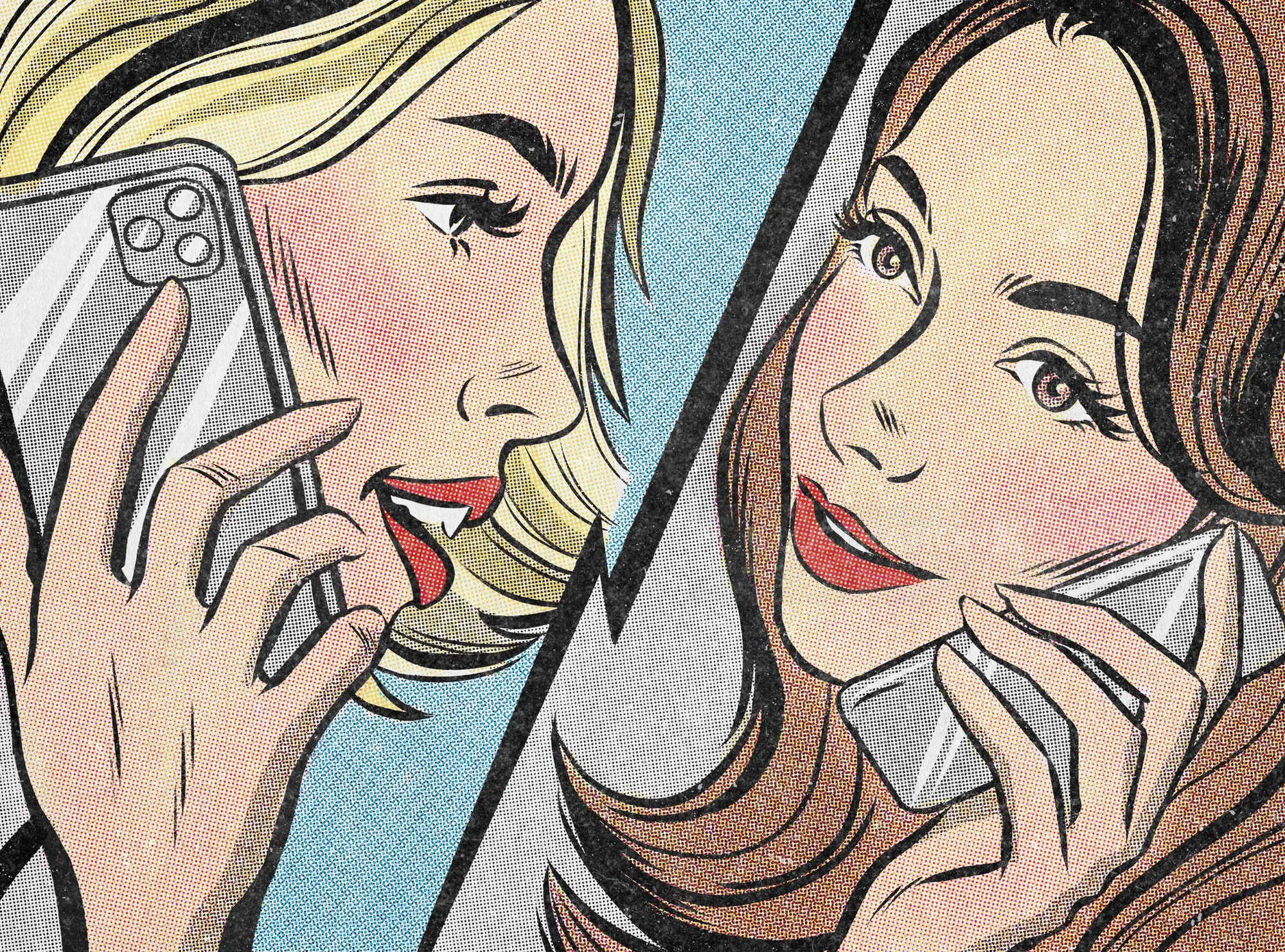 Two women talking on mobile phones, illustrated by Jessine Hein