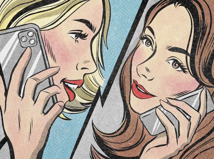 Two women talking on mobile phones, illustrated by Jessine Hein