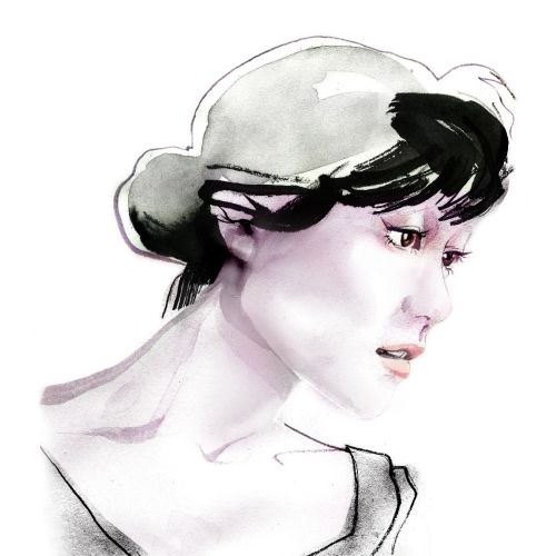 Watercolor portrait of a woman wearing a hat by Jessine Hein