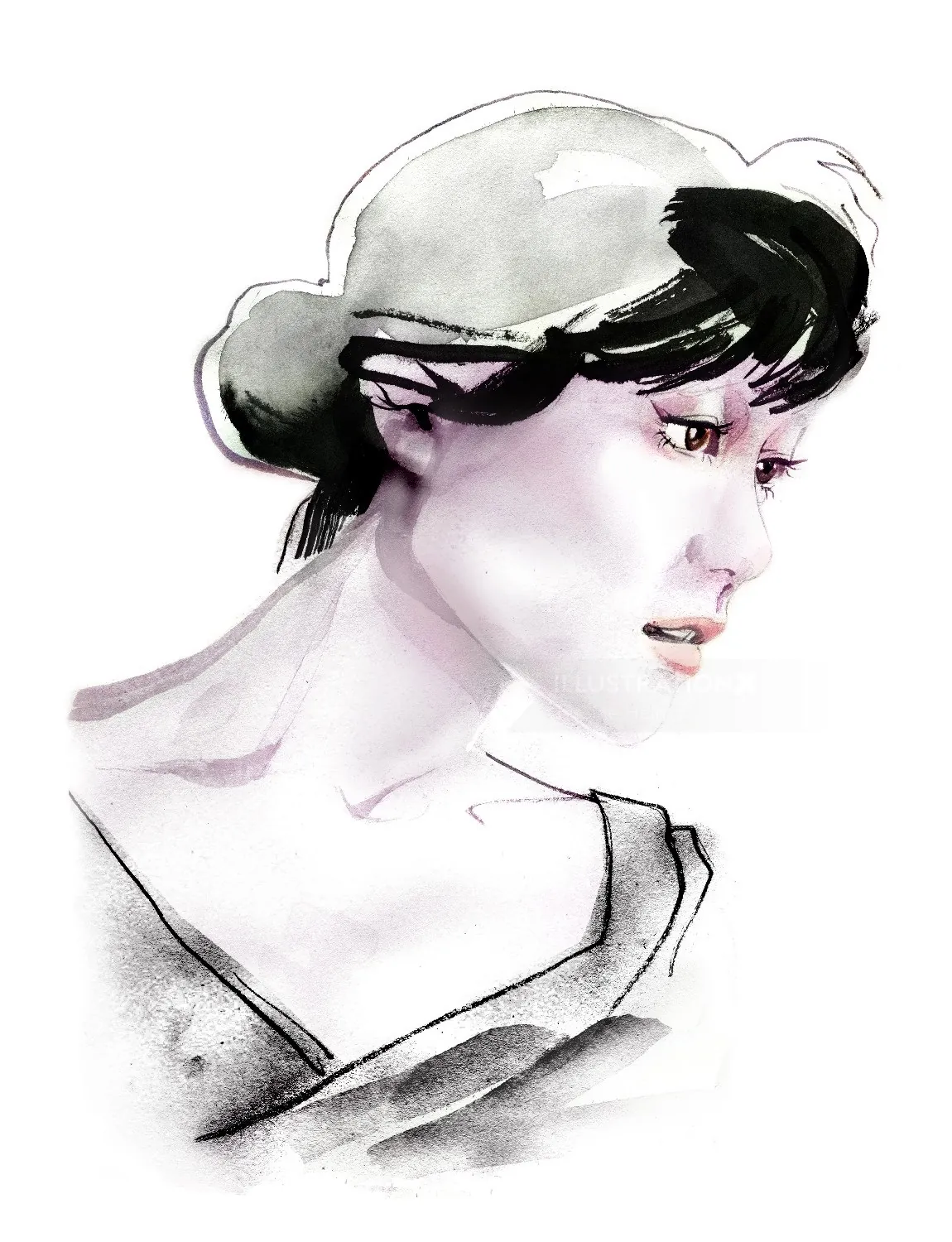 Watercolor portrait of a woman wearing a hat by Jessine Hein