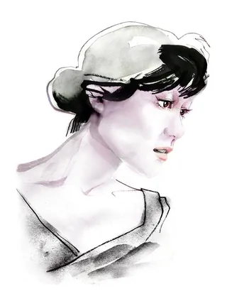 Watercolor portrait of a woman wearing a hat by Jessine Hein