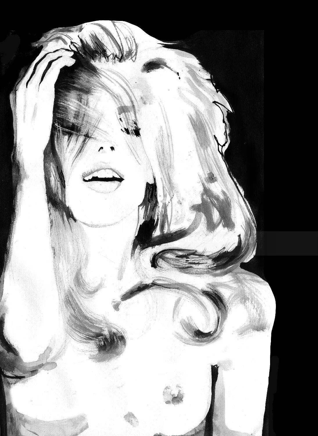 Black and white portrait of a woman with flowing hair by Jessine Hein