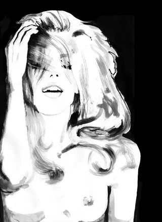 Black and white portrait of a woman with flowing hair by Jessine Hein