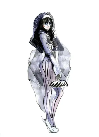 Watercolor painting of a woman in vintage outfit holding a clutch by Jessine Hein