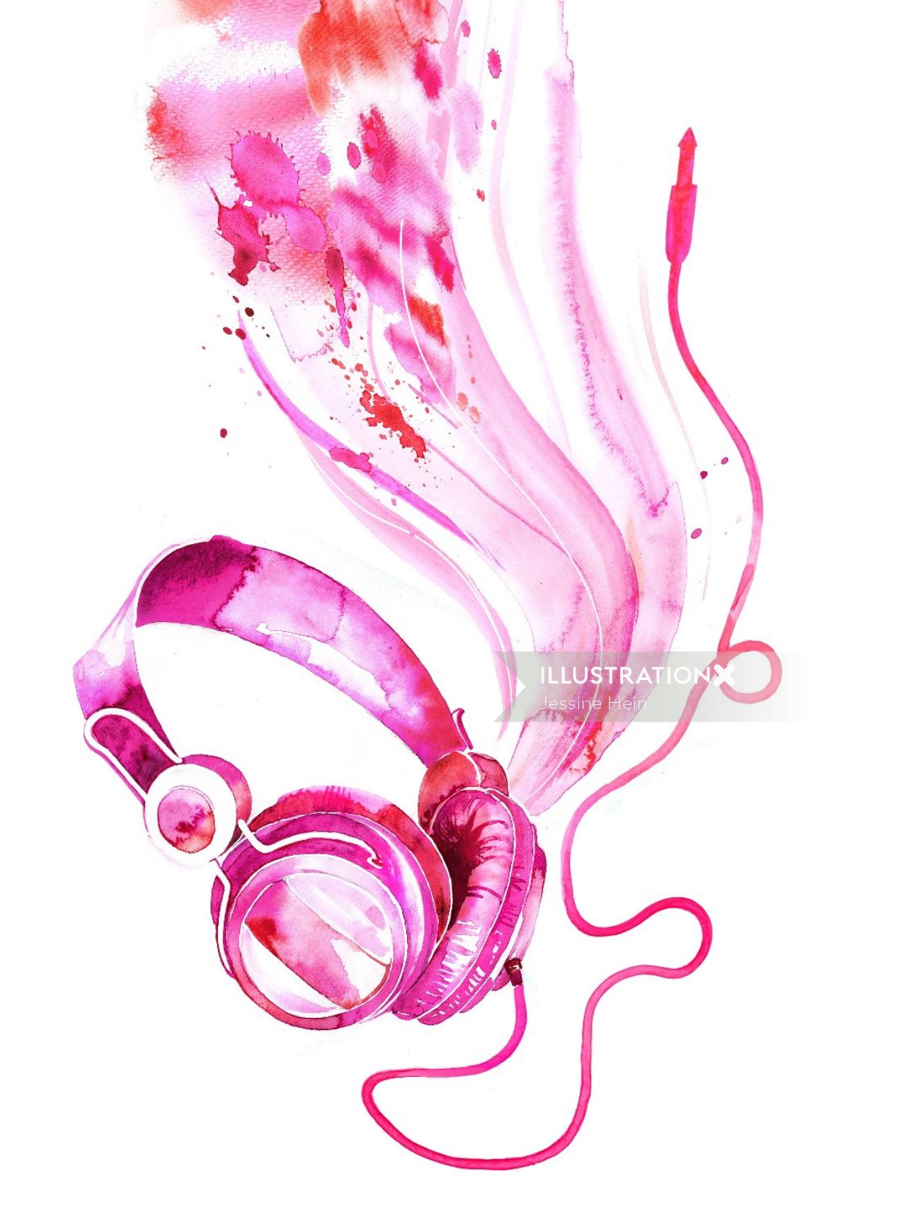 Esboço em aquarela dos fones de ouvido rosa