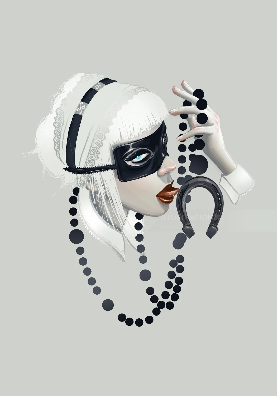 Woman in black mask holding horseshoe and beads by Jessine Hein