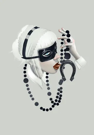 Woman in black mask holding horseshoe and beads by Jessine Hein
