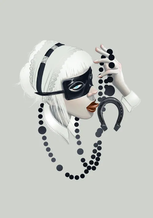 Woman in black mask holding horseshoe and beads by Jessine Hein