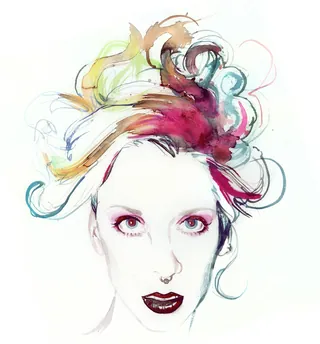 Watercolor portrait of a woman with colorful swirling hair by Jessine Hein