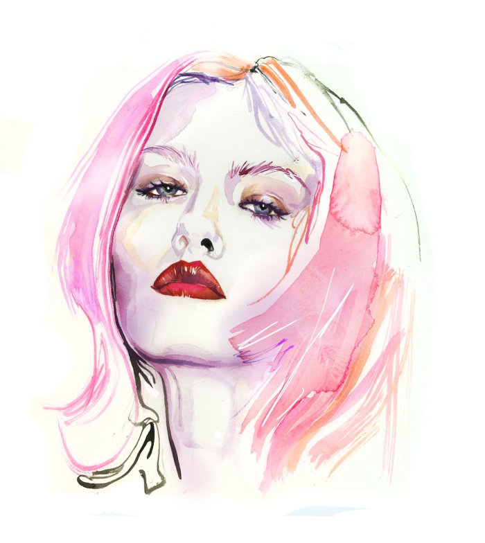 original watercolor fashion illustration of lady face with red lipstick