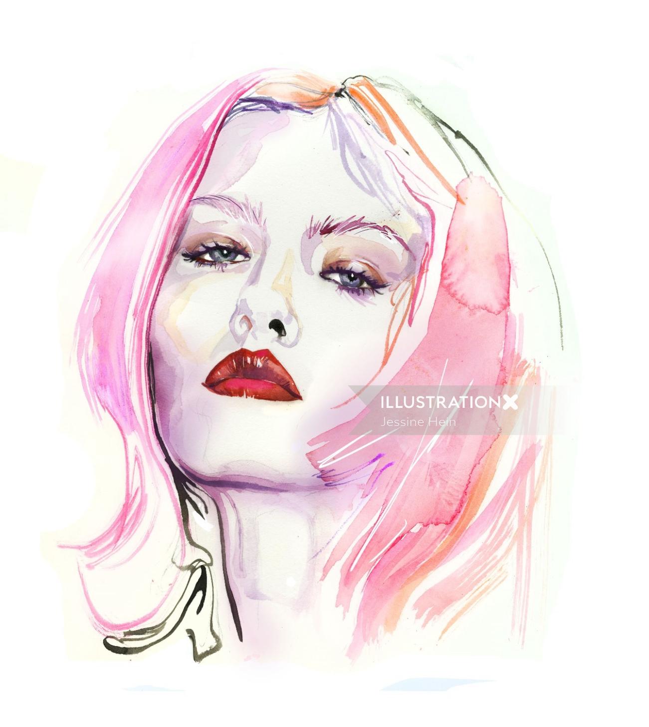 original watercolor fashion illustration of lady face with red lipstick