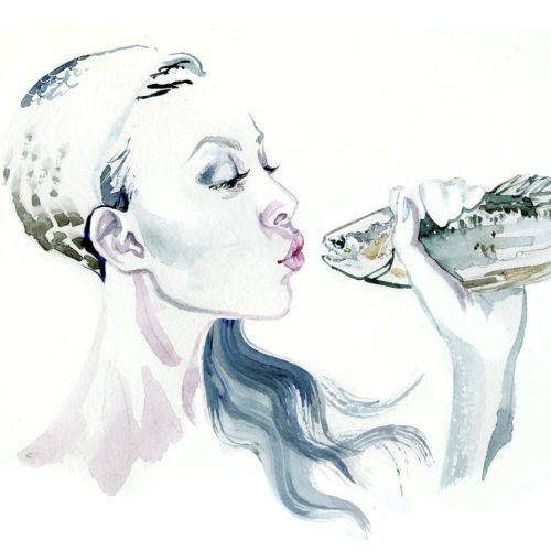 Watercolor illustration of a lady  kissing fish