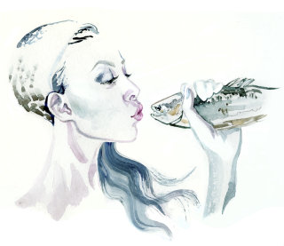 Ilustração em aquarela de uma senhora beijando peixe