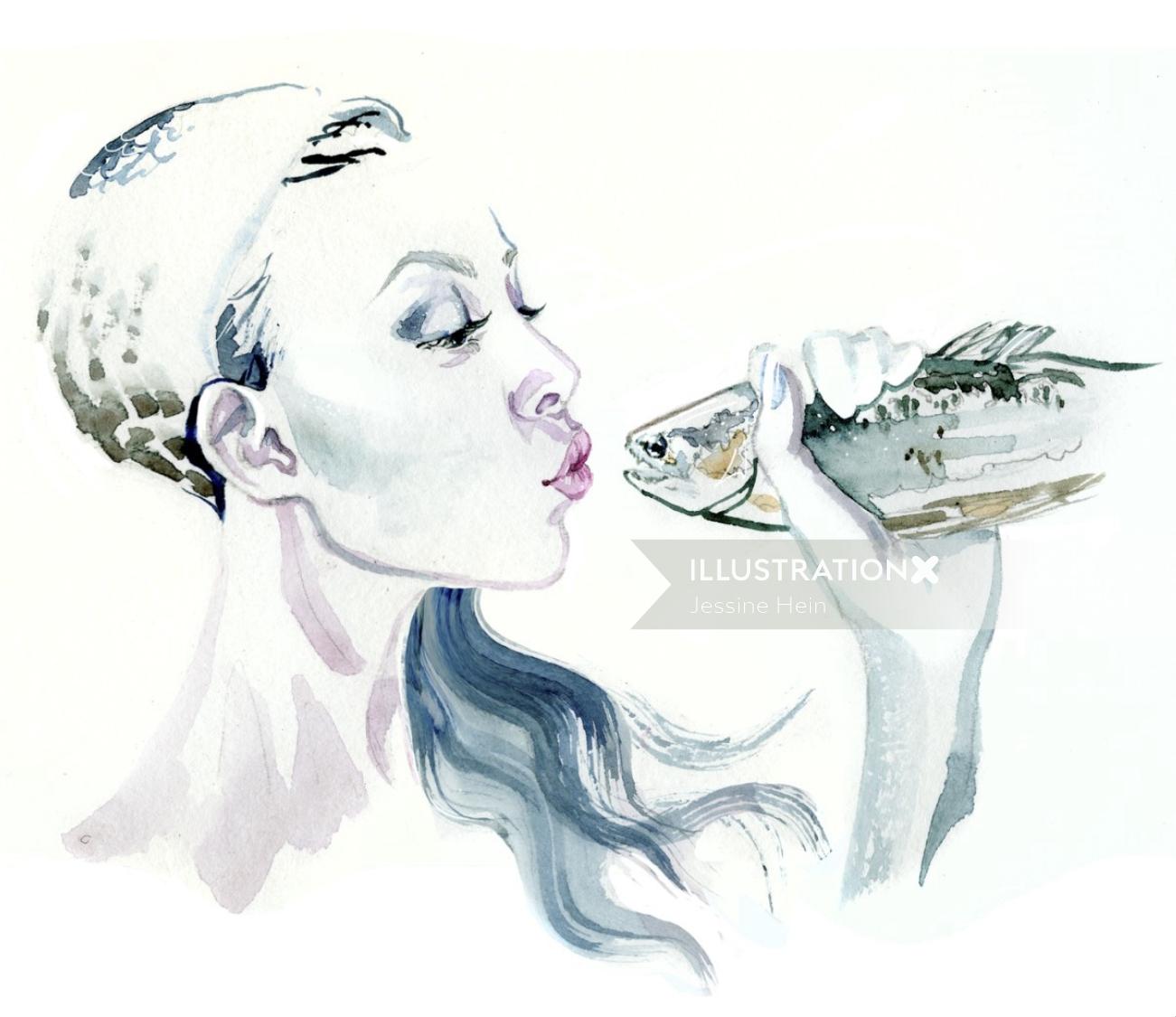 魚にキスする女性の水彩イラスト