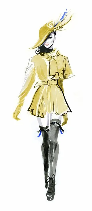 Fashion illustration of woman in yellow dress and high black boots by Jessine Hein