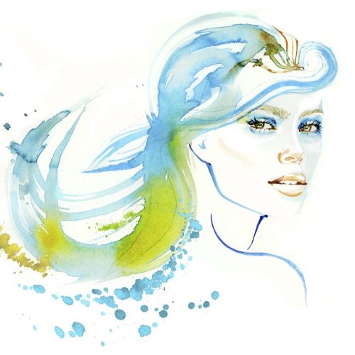 watercolor illustration of  a lady with blue hair