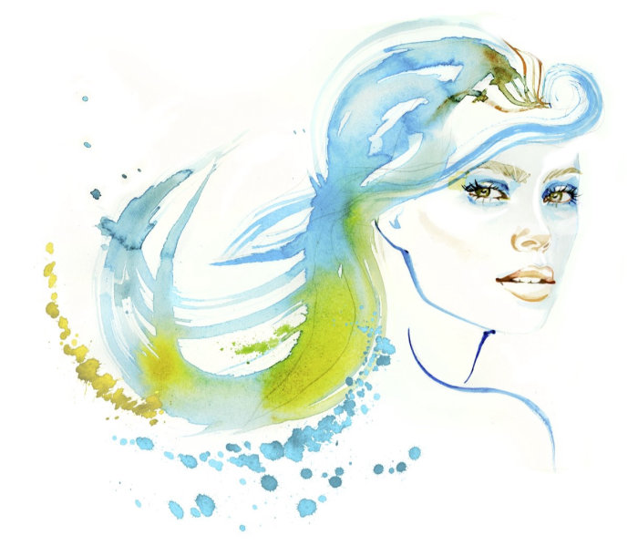 watercolor illustration of  a lady with blue hair