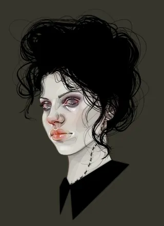 Portrait of a woman with dark hair and pale skin by Jessine Hein
