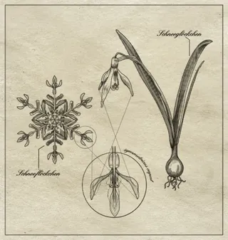 Vintage snowdrop flower and snowflake botanical illustration by Jessine Hein