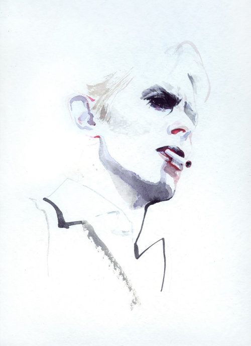 watercolor portrait of a man holding cigarette on lips