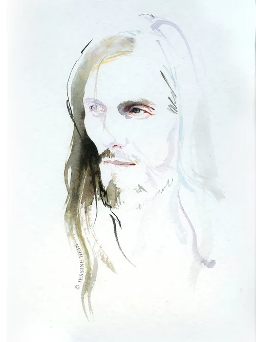 Watercolor portrait of a man with long hair by Jessine Hein