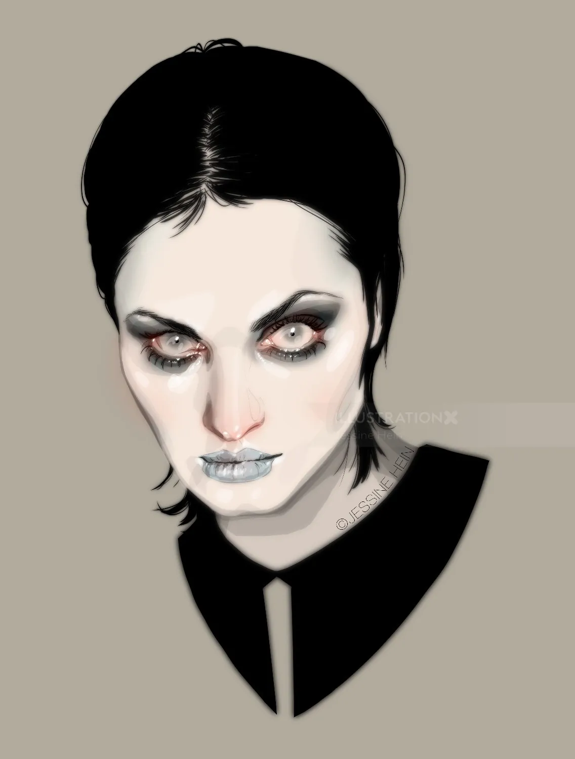 Digital portrait of pale woman with dark hair, makeup by Jessine Hein