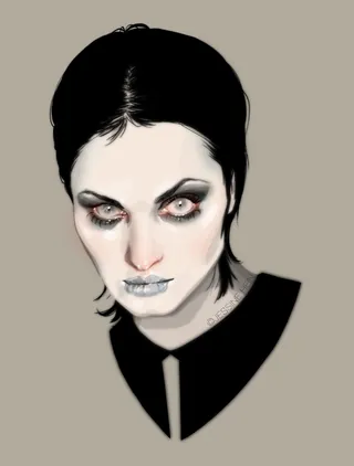 Digital portrait of pale woman with dark hair, makeup by Jessine Hein