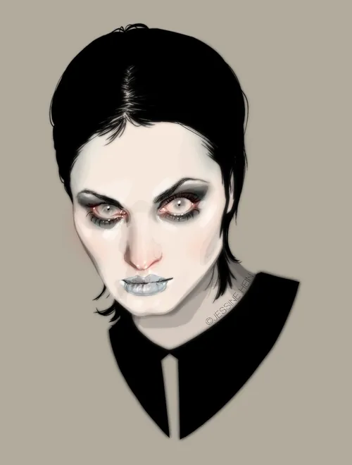 Digital portrait of pale woman with dark hair, makeup by Jessine Hein