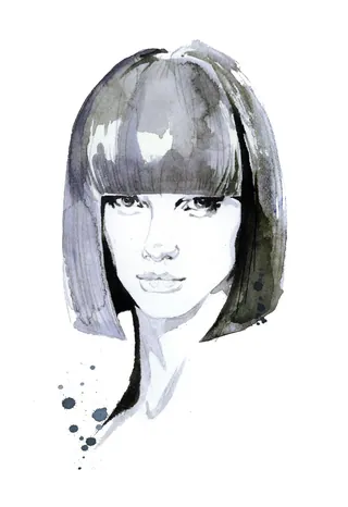 Watercolor portrait of a woman with bob haircut by Jessine Hein